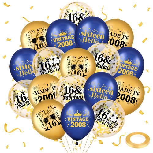 Blue Gold 16th Birthday Balloons for Boys Girls 18Pcs Navy Blue Vintage 2008 Balloons Vintage 16th Birthday Confetti Latex Balloons for Boys Girls 16th Birthday Party Decorations Supplies 12 inch