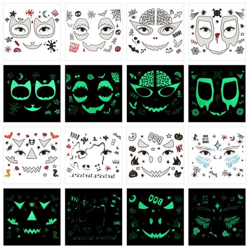 Luminous Halloween Temporary Tattoos for Adults and Kids/8 Sheets Face Eye Mask Body Tattoos Glow In Dark/Happy Halloween Noctilucent Decorations, BOO, Skeletons, Ghosts, Pumpkins, Spiderwebs