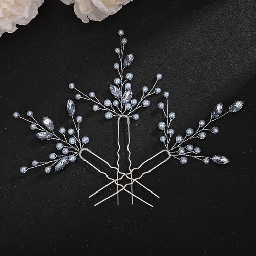 Teyglen 3pcs Crystal Pearl Bridal Hair Pins Blue Pearl Bride Wedding Hair Pins Set for Bride Wedd...