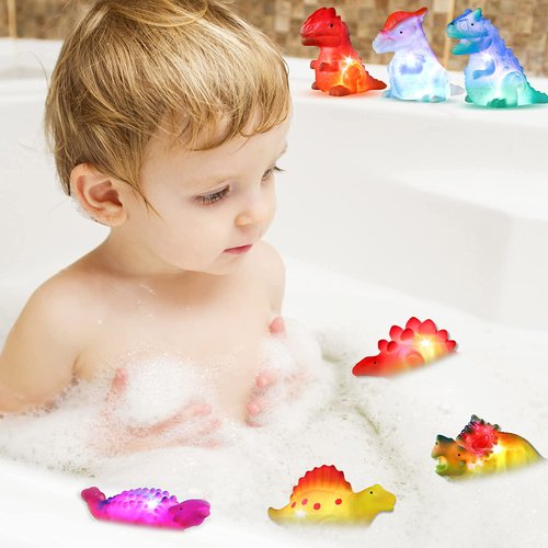 8 Pack light up No Hole Dinosaur Bath Toy Set, Flashing Color Changing Light in Water, Floating Dino Bathtub Bathroom tub Pool Toy for Baby Infant Kid Toddler Child Boy Girl Preschool in Christmas