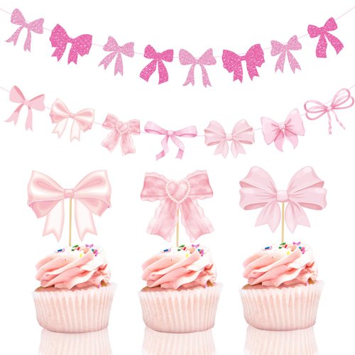 Lovarywow Pink Bow Party Decorations - 26PCS Coquette Birthday Decorations Pink Bow Banner Cupcake Toppers Birthday Decoration Set Cute Coquette Bow Decor Themed Party Supplies for Girls Women