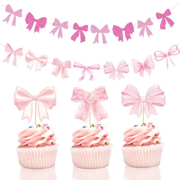 Lovarywow Pink Bow Party Decorations - 26PCS Coquette Birthday Decorations Pink Bow Banner Cupcake Toppers Birthday Decoration Set Cute Coquette Bow Decor Themed Party Supplies for Girls Women