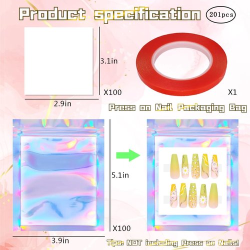 100PCS Press on Nail Packaging Bag and 100PCS White Cardboard Nail Tips Packaging Bags Empty Holographic Nail Storage Bags with 1 Roll Transparent Tape for Press on Nail Business
