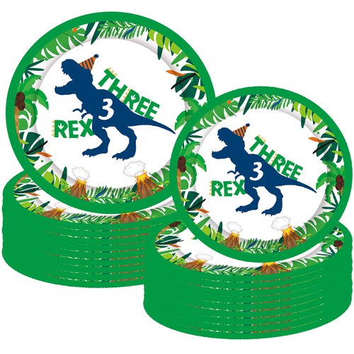 BIGKEOKI Three Inspired Rex Birthday Plates 40pcs Dinosaur Birthday Party Paper Plates Dinosaur Birthday Party Supplies 3 Year Old Boy Three Dino-Rex Birthday Party Decorations for Boys Dino Bday
