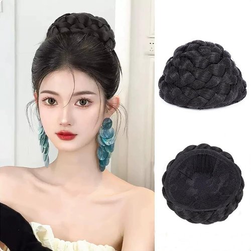 VAVANGA Small Size Natural Braided Chignon Bun Hairpiece Black Donut Scrunchie Clip in Hair Bun Updo Hair Piece Twisted Bun Ponytail Hair Extensions Clip in Fake Bun for Women(#1B, N1-BL)