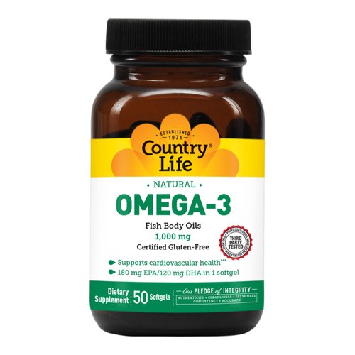 Country Life Omega-3 1000mg, EPA DHA Fish Oil, One-Softgel-Per-Day, 50 Softgels, Certified by Glu...