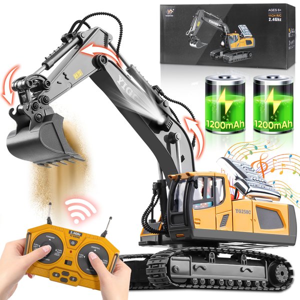 Driveplexpro Remote Control Excavator Toy for 6 7 8 9 10 Years Old Kids, 2×1200mAh 11 Channel RC Digger with Metal Shovel, 680 Degree Rotation 2.4Ghz Simulated Sound & Lights, Ideal Gift for Birthday