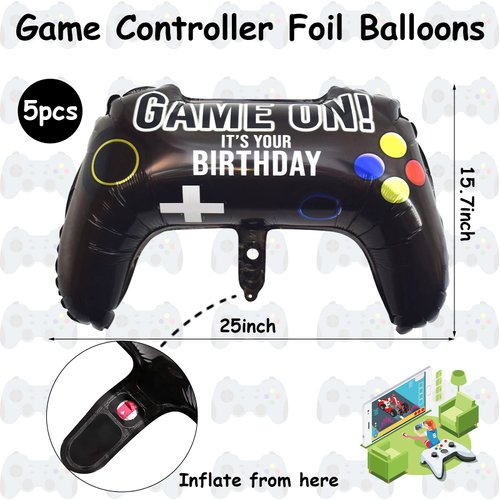 5 Pieces Video Game Party Balloons, Giant Video Game Controller Mylar Foil Balloons Game on Balloons for Kids Boys Fortnite Gaming Theme Birthday Party Video Game Baby Shower Decorations Supplies
