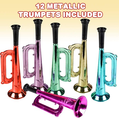 ArtCreativity 7 Inch Metallic Trumpets, Set of 12, Fun Plastic Musical Instruments Noise Makers for Parties and Events, Music Toys for Kids, Cool Birthday Party Favors for Boys and Girls