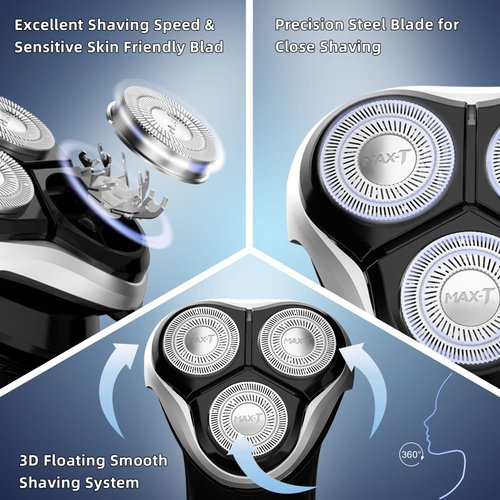 Electric Shaver Razor for Men, MAX-T Quick Rechargeable Wet Dry Rotary Shaver with Pop Up Trimmer and LED Display, IPX7 100% Waterproof (8101 with USB Cable)