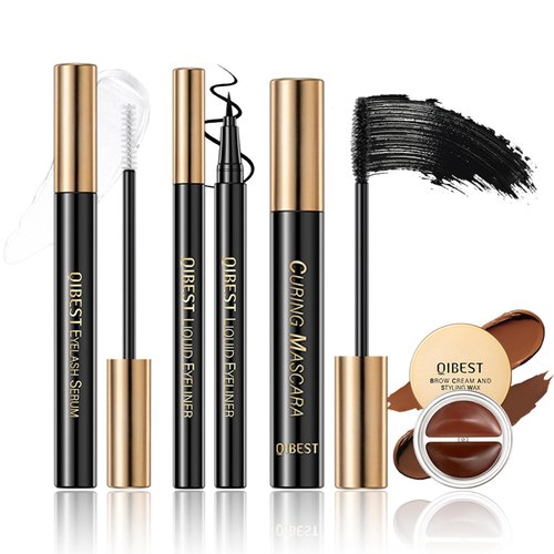 Eye Brow and Eye Makeup Kit, 4x Volume Mascara & Lash Serum & Liquid Eyeliner & 2 in 1 Brow Cream, Long-lasting Curling Lashes Soft and Smooth Waterproof No Clumping Eye set