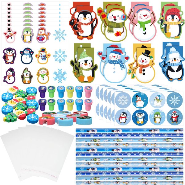 192 Pieces Christmas School Stationery Set Xmas Classrooms Exchange Stationery Gifts Party Favors Class Reward Prizes Notebooks Pencils Sharpener Erasers Stickers Stamps for Party Supplies (Snowflake)