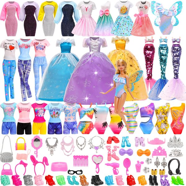 57 PCS 11.5 Inch Girl Doll Clothes and Accessories Butterfly Swimsuit Mermaid Bikini Swimwear Wedding Dress Fashion Dresses Top and Pants Shorts Random 40 Accessories 10 Doll Mini Shoes