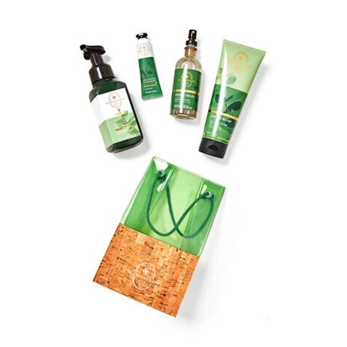 Bath and Body Works Aromatherapy Eucalyptus Spearmint Gift Bag Set - Body lotion - Shower Gel and Fine Fragrance Mist Plus a Shea Butter Hand Cream arranged inside a transparent gift bag