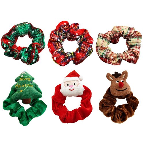 6Pcs Christmas Hair Scrunchies Santa Christmas Tree Elk Scrunchie Snowflake Plaid Hair Scrunchy E...