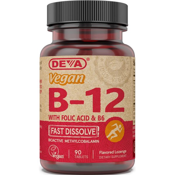 DEVA Vegan Vitamin B12 Fast Dissolve Supplement - Once-Per-Day Complex with 1000 Mcg Methylcobalamin B12, Folic Acid, B6 - Lemon Flavor - 90 Dissolvable Tablets, 1-Pack