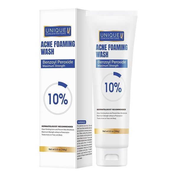 Acne Foaming Face Wash with 10% Benzoyl Peroxide - Maximum Strength Antibacterial Cleanser for Acne Face Wash and Body Cleanser - Treats Acne, Oily Skin, and Deep Pore Cleansing - 5.5 oz
