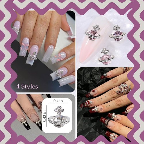 60pcs Planet Nail Charms Y2K Nails Design - Sliver Cross Nail Art Charms and Gems, 3D Chrome Nails White Pink Saturn Shape Shiny Rhinestones Nail Supplies, Crystal Acrylic Charm for Women
