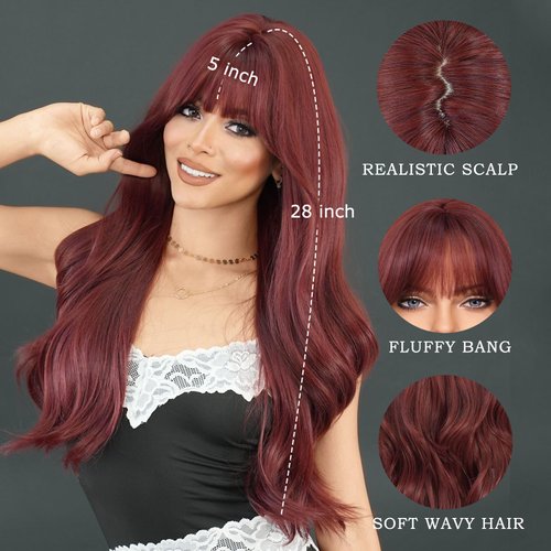 TRUMOST Long Wavy Wine Red Wig with Bang 28 Inch Burgundy Hair Synthetic Heat Resistant Wig Natural Maroon Dark Red Hair Heat Resistant Wigs for Women Daily Party Use