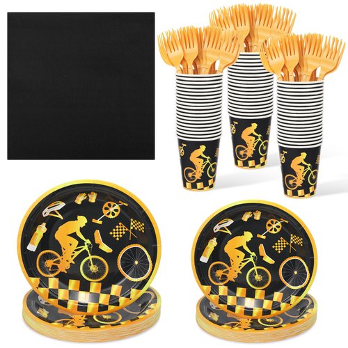 Zubebe 120 Pcs Dirt Bike Birthday Party Supplies for 24 Guests Include 24 Pcs Disposable 7'' and 9'' Paper Bike Birthday Party Plates, Napkins, Cups, Forks for Bike Sports Themed Party Decorations