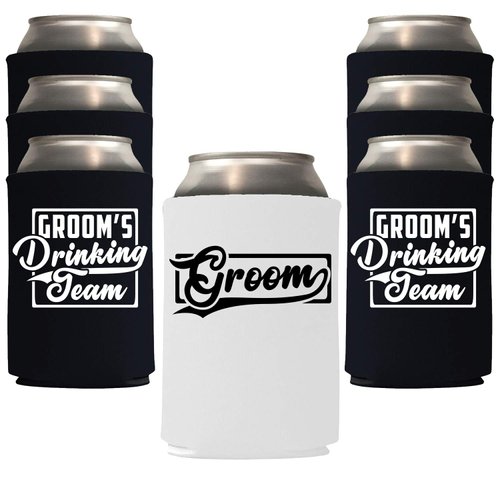 Veracco Groom and Groom's Drinking Team Can Coolie Holder Bachelor Party Wedding Favors Gift For Groom Groomsmans Proposal (6, Wht Groom, Blk DT)
