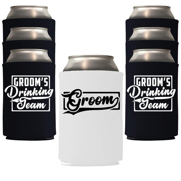 Veracco Groom and Groom's Drinking Team Can Coolie Holder Bachelor Party Wedding Favors Gift For Groom Groomsmans Proposal (6, Wht Groom, Blk DT)