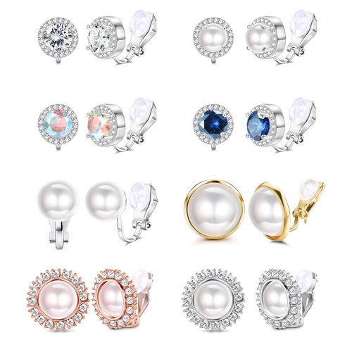 sailimue 8 Pairs Clip Earrings Sets for Women Fashion Cubic Zirconia CZ Crystal Freshwater Pearl Earrings Hypoallergenic Non Pierced Clip on Earrings Jewelry