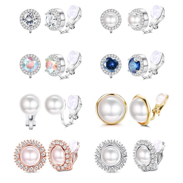sailimue 8 Pairs Clip Earrings Sets for Women Fashion Cubic Zirconia CZ Crystal Freshwater Pearl Earrings Hypoallergenic Non Pierced Clip on Earrings Jewelry