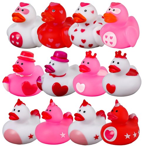 12pcs Valentine's Day Rubber Ducks, Mini Valentine Heart Ducks Valentines Day Party Favors Assorted Rubber Ducks for Kids Valentines Party Supplies Classroom Gift Exchange