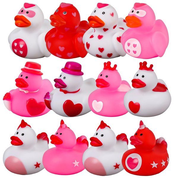 12pcs Valentine's Day Rubber Ducks, Mini Valentine Heart Ducks Valentines Day Party Favors Assorted Rubber Ducks for Kids Valentines Party Supplies Classroom Gift Exchange
