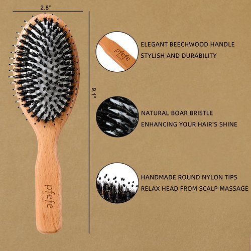Wooden Boar Bristle Hair Brush, Natural Beechwood Detangling Brush for Men & Women, Soft Natural Bristles Bursh with Travel Bag, Hairbrush for Long Short Thick Curly Wet Dry Hair