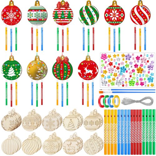 Shellwei 30 Sets Christmas Ball Wind Chimes Craft DIY Color Your Own Wooden Wind Chime Coloring Xmas Art Craft Christmas Wind Chimes for Christmas Party Ornaments Christmas Tree Decoration Activities