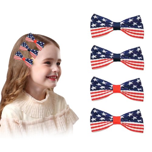 GeRRiT 4 Pcs Independence Day Hair Bow Clips 2 Designs American Flag Hair Accessories Patriotic Hair Barrette Strips Stars Hairpins for Memorial Day 4th of July Hair Decoration, Blue
