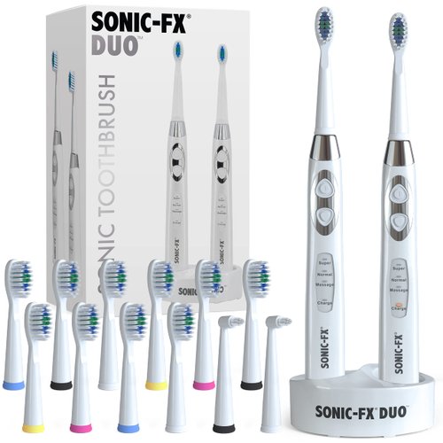 Sonic-FX Dual Electric Rechargeable Toothbrush Duo Dual Handle Sonic 3 Brushing Modes Toothbrush Set with Smart Timer for Adults and Kids with Charging Dock Brush Holder and 14 Brush Heads, White