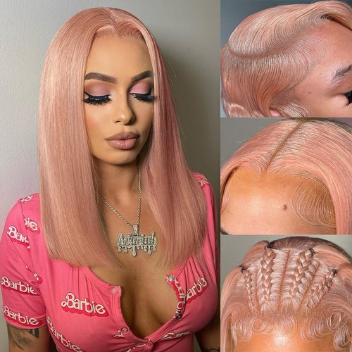 FNSD 14 Inch Pink Blonde Bob Wig Human Hair Short Rose Gold Human Hair Wigs Pre Plucked 13X4 HD Peachy Blonde Colored Wig Human Hair For Women 150% Density Strawberry Blonde Straight Lace Front Wig