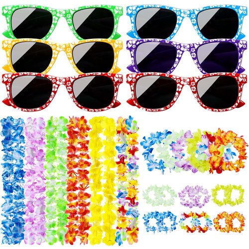 Buryeah 30 Hawaiian Luau Party Decorations Leis for Luau Party Hawaiian Glasses Hawaiian Luau Theme Party Supplies Tropical Summer Beach Party (Multi Color)