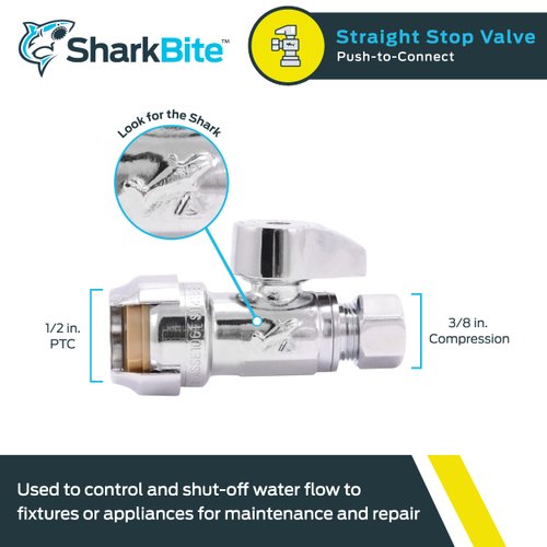 SharkBite 1/2 x 3/8 Inch Compression Straight Stop Valve, Quarter Turn, Push to Connect Brass Plumbing Fitting, PEX Pipe, Copper, CPVC, PE-RT, HDPE, 23037-0000LF