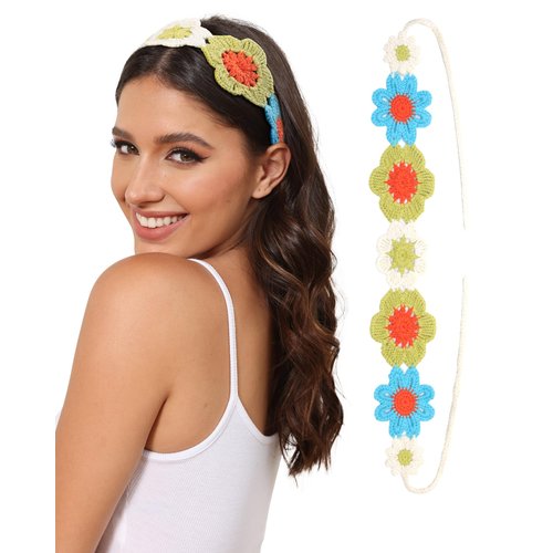 AWAYTR Crochet Headbands for Women Hippie Headband Bandana Tie-Back Knit Headband for Girls Wide Head Bands Floral Crochet Headwrap (Blue + Green)
