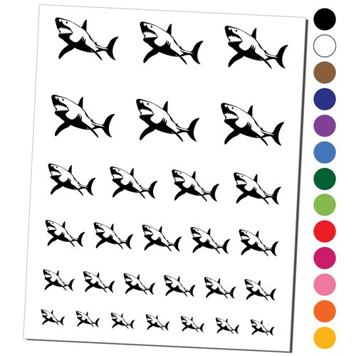 Great White Shark Temporary Tattoo Water Resistant Fake Body Art Set Collection - Black (One Sheet)