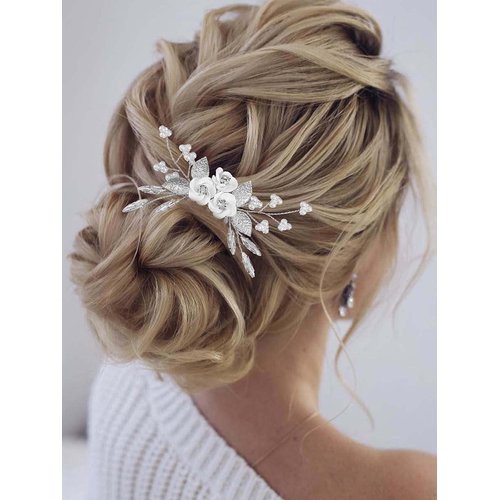 Latious Flower Bride Wedding Hair Comb Leaf Bridal Side Comb Sparkly Crystal Hair Piece Pearl Hair Accessorie for Women and Girls (Silver)