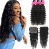 Aatifa Deep Wave Bundles with Closure 9A 100% Unprocessed Virgin Human Hair Deep Wave Bundles with Closure 4x4 Free Part Lace Closure and Bundles Human Hair Extensions (22/24/26+20 Inch)