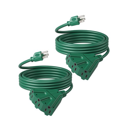 DEWENWILS 10 FT Green Outdoor Tri-Tap Extension Cord Splitter for Christmas, Weatherproof 16/3 SJTW Power Cable for Holiday Decoration and Landscaping Lights, ETL Listed, Pack of 2