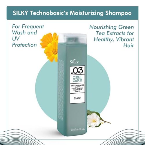 SILKY Technobasic Hair Shampoo for Frequent Wash and UV Protection - Moisturizing Shampoo Enriched with Green Tea Extracts - Sulphate Free Shampoo for Dry Hair - 250ml / 8.45 fl.oz.