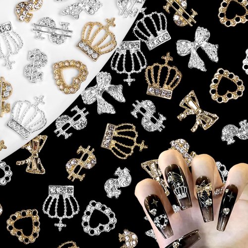 50 Pcs 3D Metal Alloy Nail Charms Gems, Dollar Crown Nail Diamond Charms, Gold Silver Bowknots Heart Rhinestones Nail Gems Luxury Nail Jewels Nail Art Supplies for Women DIY Nail Manicure Decor
