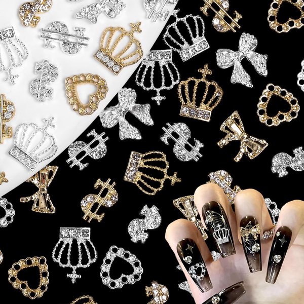 50 Pcs 3D Metal Alloy Nail Charms Gems, Dollar Crown Nail Diamond Charms, Gold Silver Bowknots Heart Rhinestones Nail Gems Luxury Nail Jewels Nail Art Supplies for Women DIY Nail Manicure Decor