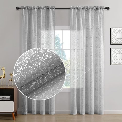 TERLYTEX Silver Sheer Curtains 84 Inch Long - Chic Sparkle Curtains for Living Room, Rod Pocket Glitter Sheer Curtains for Windows Privacy Silver Grey Sheer Panels, 52 x 84 Inch, 2 Panels, Silver Gray