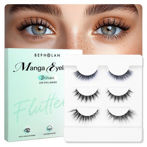 Bepholan Manga Lashes Natural Look False Eyelashes Reuseable Strip Wispy Fake Lashes 3 Pairs Of Cat Eye Lashes Fluffy Spiky Anime Lashes with Tweezer(M152632)