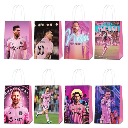 24Pcs Miami Messi Party Gift Bags - Candy Bags, Tote Bags,Miami Messi Party Supplies Gift Bags for Kids - Paper Favor Packs for Adults Birthday Party Decor - 8 Patterns