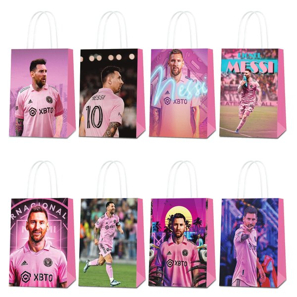 24Pcs Miami Messi Party Gift Bags - Candy Bags, Tote Bags,Miami Messi Party Supplies Gift Bags for Kids - Paper Favor Packs for Adults Birthday Party Decor - 8 Patterns