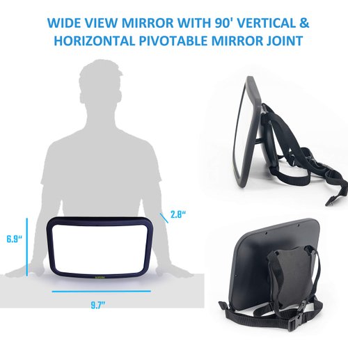 Sunferno Baby Carseat Mirror for Child - Car Seat Mirrors Rear Facing Infant - Two Headrest Straps Wide View Shatterproof Fully Assembled Adjustable - Acrylic Convex Safely Monitor Newborn Toddler